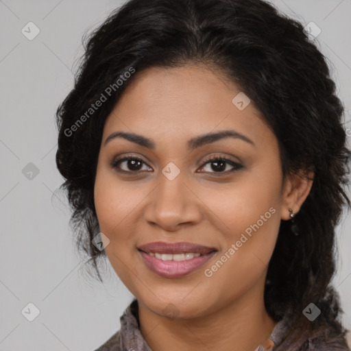 Joyful latino young-adult female with long  brown hair and brown eyes