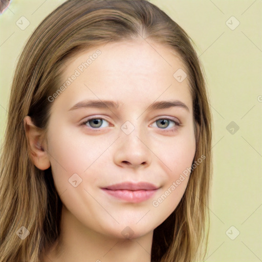 Neutral white young-adult female with long  brown hair and grey eyes