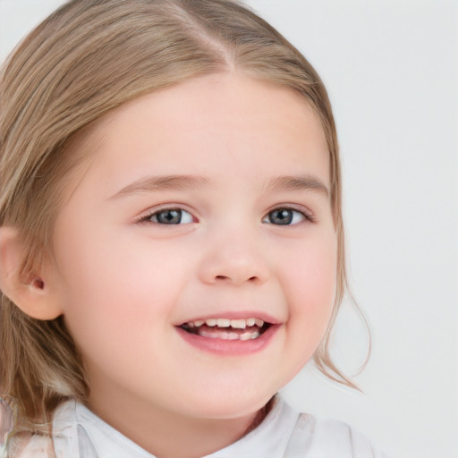 Joyful white child female with medium  brown hair and grey eyes