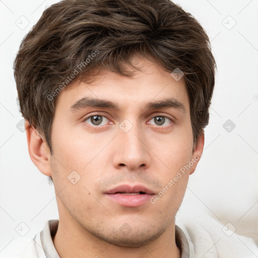 Neutral white young-adult male with short  brown hair and brown eyes