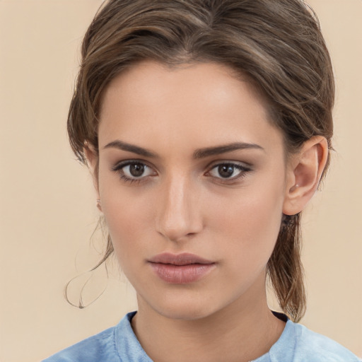 Neutral white young-adult female with medium  brown hair and brown eyes