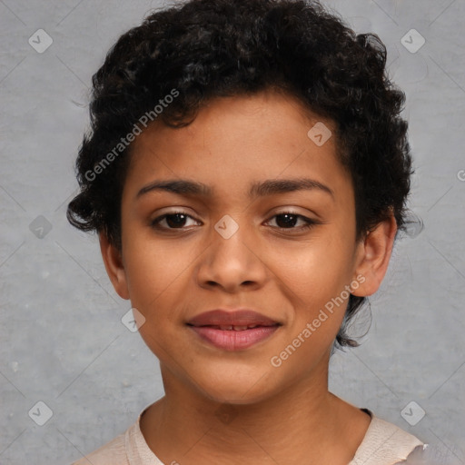 Joyful latino young-adult female with short  black hair and brown eyes