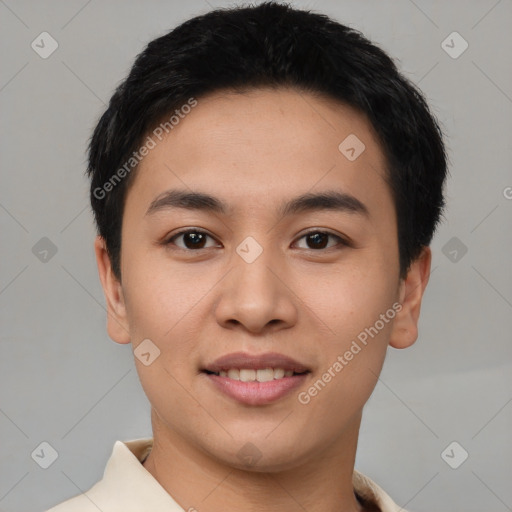 Joyful white young-adult male with short  black hair and brown eyes