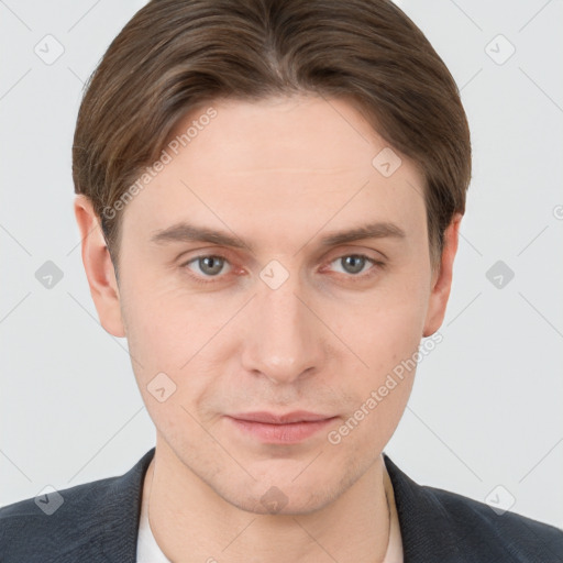 Neutral white young-adult male with short  brown hair and brown eyes