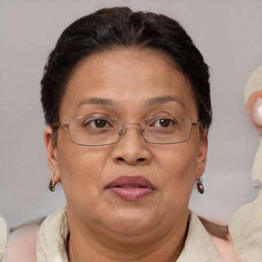 Joyful asian adult female with short  brown hair and brown eyes