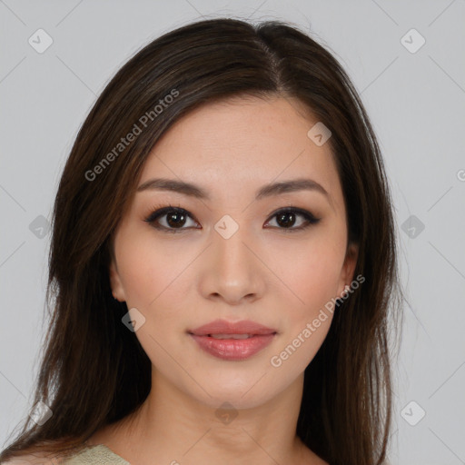 Neutral asian young-adult female with medium  brown hair and brown eyes