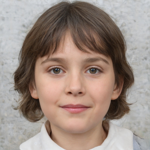 Joyful white child female with medium  brown hair and grey eyes