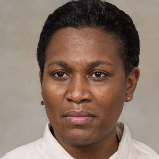 Neutral latino adult female with short  black hair and brown eyes
