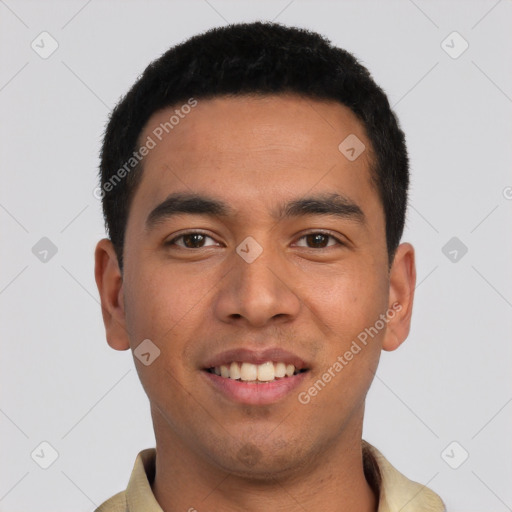 Joyful asian young-adult male with short  black hair and brown eyes
