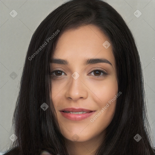 Joyful white young-adult female with long  black hair and brown eyes