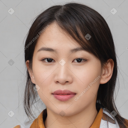 Neutral asian young-adult female with medium  brown hair and brown eyes