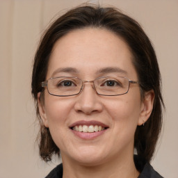 Joyful white adult female with medium  brown hair and brown eyes