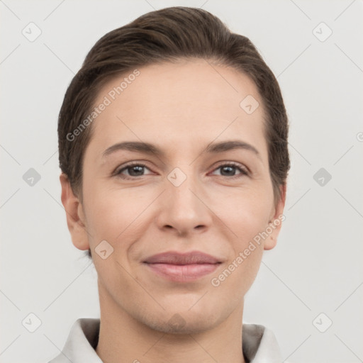 Joyful white young-adult female with short  brown hair and brown eyes