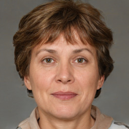 Joyful white adult female with medium  brown hair and grey eyes