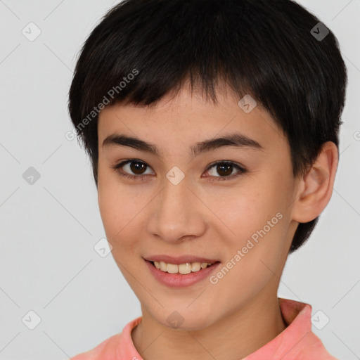 Joyful white young-adult female with short  brown hair and brown eyes