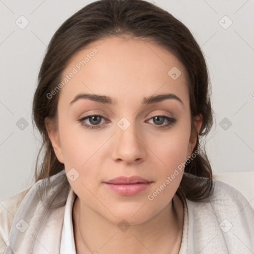 Neutral white young-adult female with medium  brown hair and brown eyes