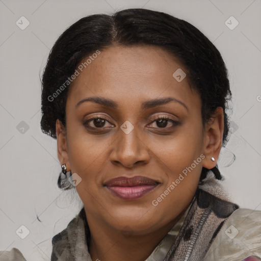 Joyful latino adult female with medium  brown hair and brown eyes