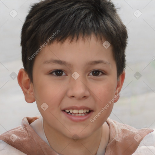 Joyful white child male with short  brown hair and brown eyes