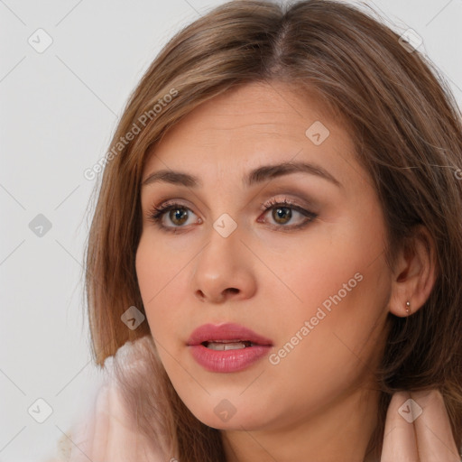 Neutral white young-adult female with long  brown hair and brown eyes
