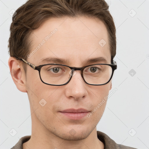 Neutral white young-adult male with short  brown hair and grey eyes