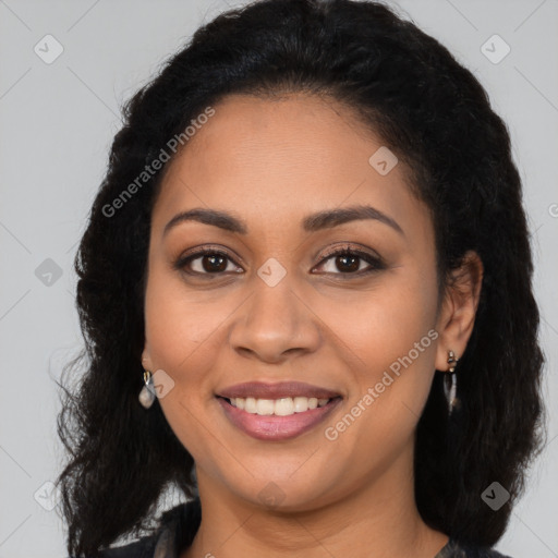 Joyful latino young-adult female with long  brown hair and brown eyes