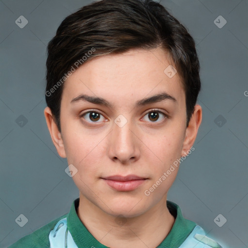 Neutral white young-adult female with short  brown hair and brown eyes