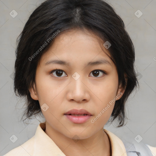 Neutral asian young-adult female with medium  brown hair and brown eyes