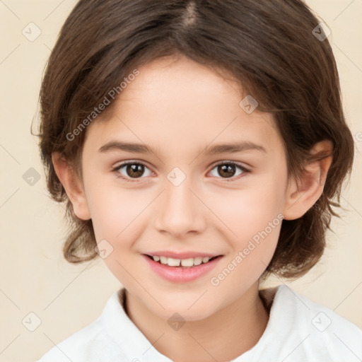 Joyful white child female with medium  brown hair and brown eyes