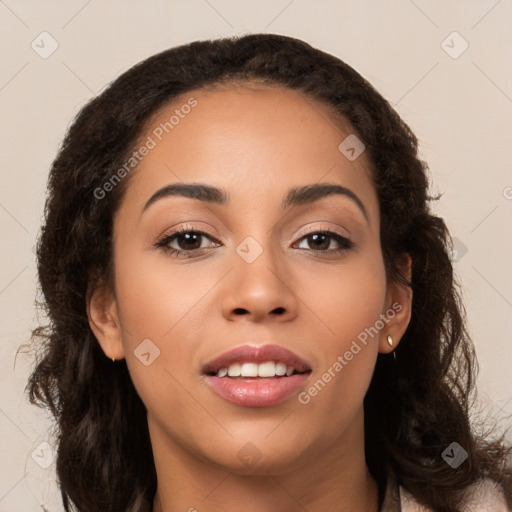 Joyful white young-adult female with long  brown hair and brown eyes