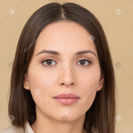 Neutral white young-adult female with long  brown hair and brown eyes