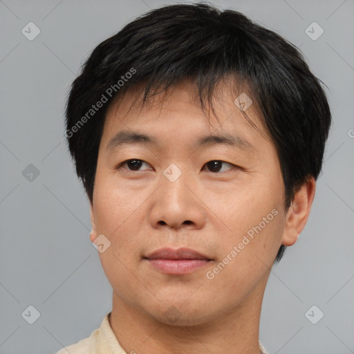 Neutral asian young-adult male with short  brown hair and brown eyes