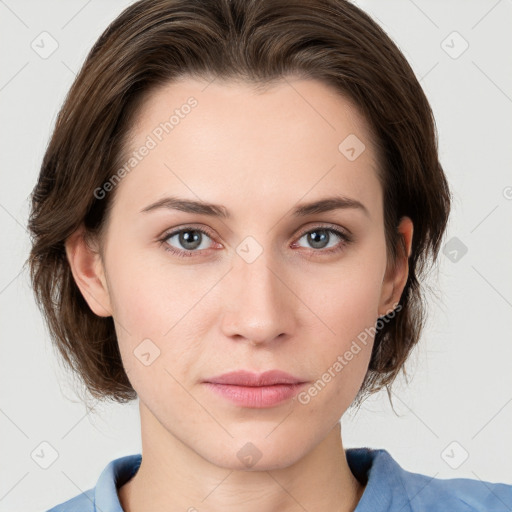 Neutral white young-adult female with medium  brown hair and grey eyes