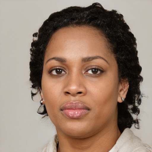 Neutral black young-adult female with medium  black hair and brown eyes