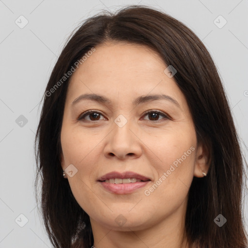 Joyful white adult female with medium  brown hair and brown eyes