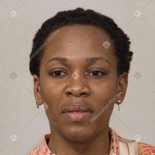 Joyful black adult female with short  black hair and brown eyes