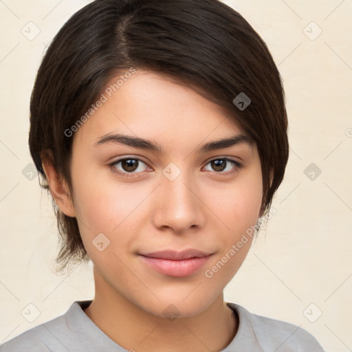 Joyful white young-adult female with medium  brown hair and brown eyes