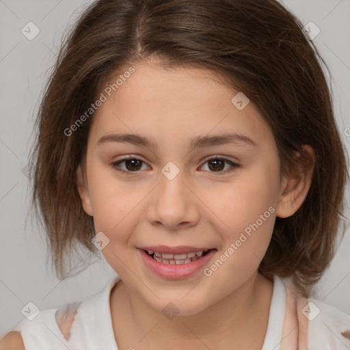 Joyful white child female with medium  brown hair and brown eyes