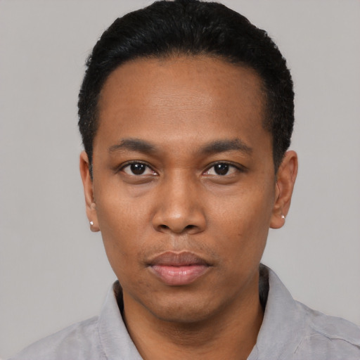 Neutral black young-adult male with short  black hair and brown eyes