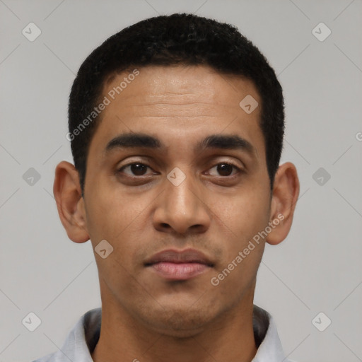 Neutral latino young-adult male with short  black hair and brown eyes