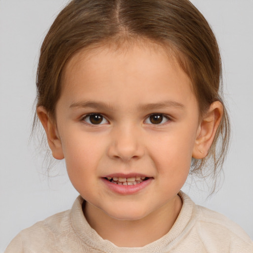 Joyful white child female with medium  brown hair and brown eyes