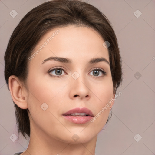 Neutral white young-adult female with medium  brown hair and brown eyes