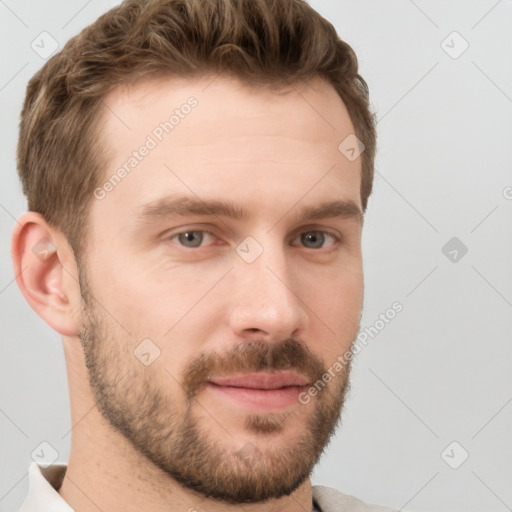 Neutral white young-adult male with short  brown hair and grey eyes