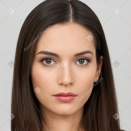 Neutral white young-adult female with long  brown hair and brown eyes