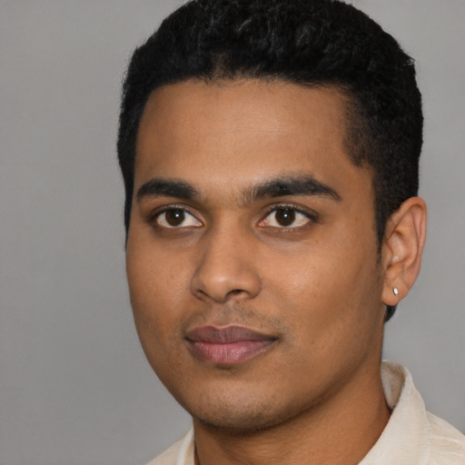 Joyful black young-adult male with short  black hair and brown eyes