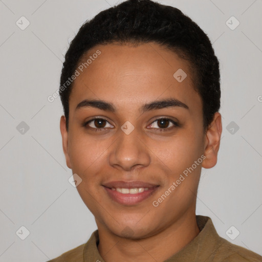 Joyful latino young-adult female with short  black hair and brown eyes