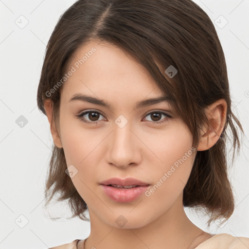 Neutral white young-adult female with medium  brown hair and brown eyes