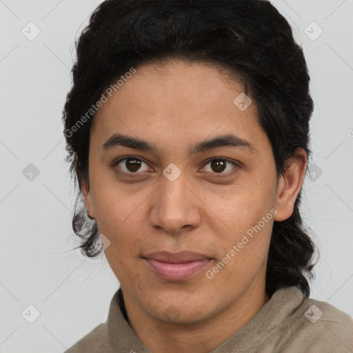 Joyful latino young-adult female with short  brown hair and brown eyes