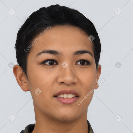 Joyful asian young-adult female with short  black hair and brown eyes