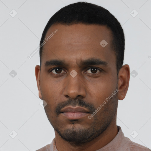 Neutral black young-adult male with short  black hair and brown eyes