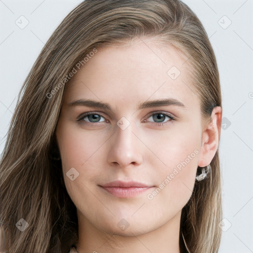 Neutral white young-adult female with long  brown hair and grey eyes